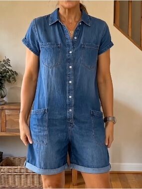 Women's Short-Sleeve Denim Romper in Blue